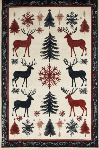 Festive reindeer and pine trees pattern in vibrant colors for holiday decorat...