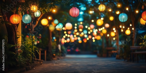 Enchanting pathway illuminated by colorful lanterns creating a magical evening ambiance for celebrations and gatherings