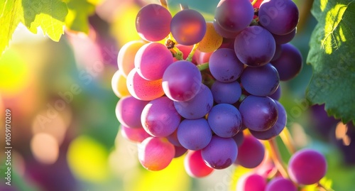 Vibrant bunches of grapes hanging in a sunlit vineyard during the harvest season