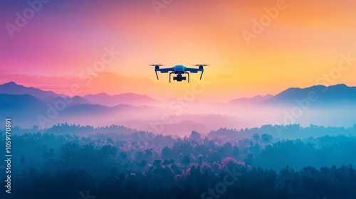 A stunning aerial view of a drone gliding over misty mountains during a vibrant sunset, capturing nature's beauty.