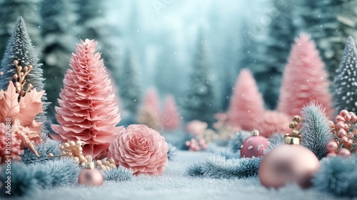 Elegant Christmas ornaments hanging over snowy backdrop with holiday decorations