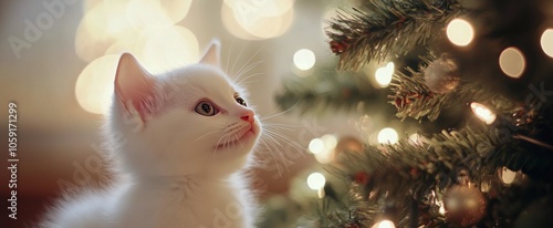 A playful white kitten explores under the Christmas tree adorned with bright ...