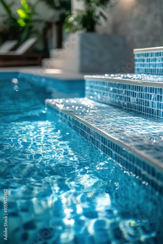 Serene indoor swimming pool with reflective water surface during daylight hours