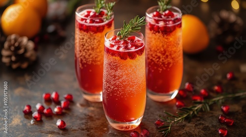 Refreshing pomegranate cocktails with mint and orange on a festive table sett...