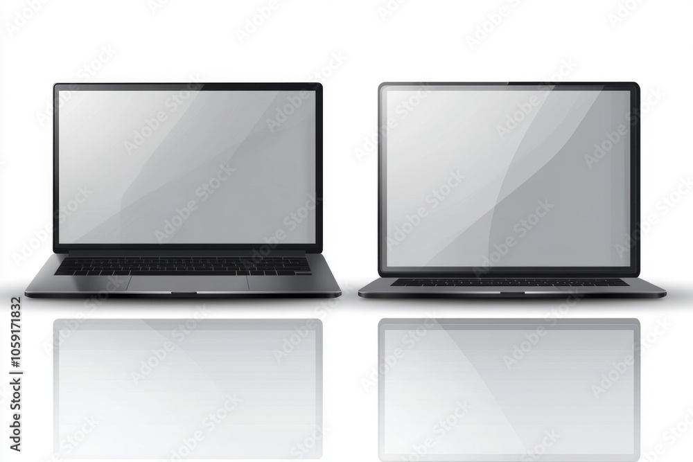 two laptops with blank screens on a white background for design mockup two laptops with blank screens on a white background for design mockup