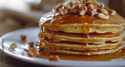 Delicious stack of fluffy pancakes topped with pecans and syrup on a rustic t...