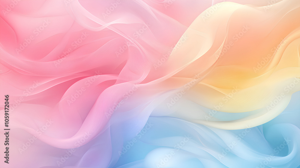 Fototapeta premium Dreamy Pastel Cotton Candy Background with Gentle Swirls of Pink, Baby Blue, and Pale Yellow in Fluffy, Cloud-Like Texture