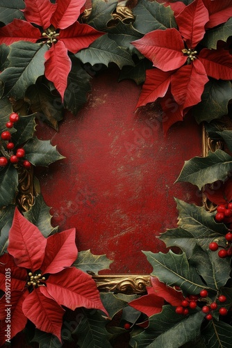 Beautiful poinsettia flowers arranged for festive decoration in a warm indoor...