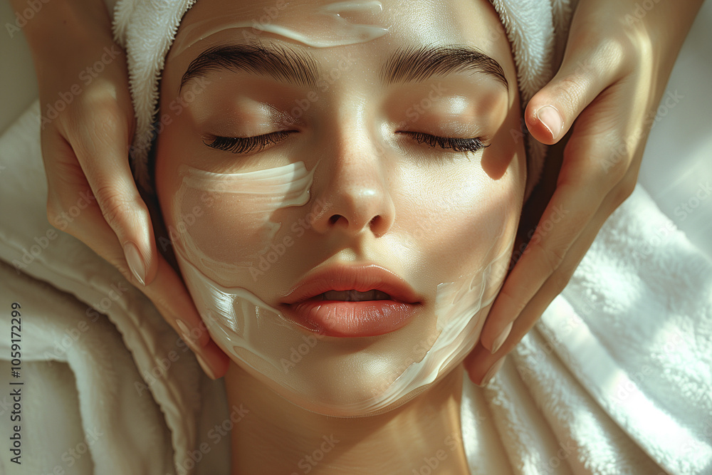portrait of a woman with a cream on her face. close up of face cream serum on women's cheeks. cosmetic product. self care, wellness. AI Generated portrait of a woman with a cream on her face. close up of face cream serum on women's cheeks. cosmetic product. self care, wellness. AI Generated
