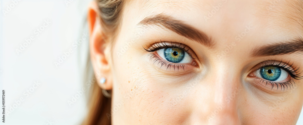 Naklejka premium closeup of young beautiful woman model eyes intense gaze with light makeup soft lighting calm expression portrait beauty cosmetic