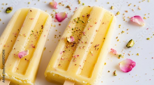 Delicious saffron and pistachio popsicle topped with rose petals on a white b...
