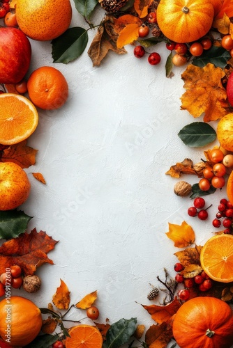 Autumn harvest display with bright oranges, apples, and colorful leaves on a ...