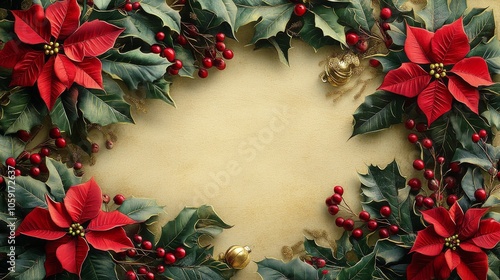 Festive holiday floral decoration with poinsettias and holly leaves on gold b...