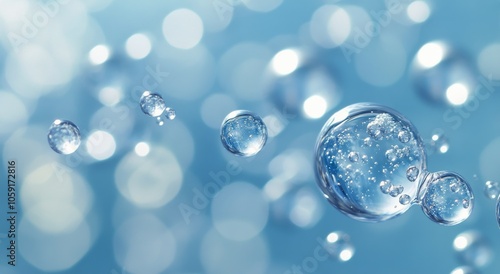 Bubbles floating in clear blue water with soft light reflections creating a s...