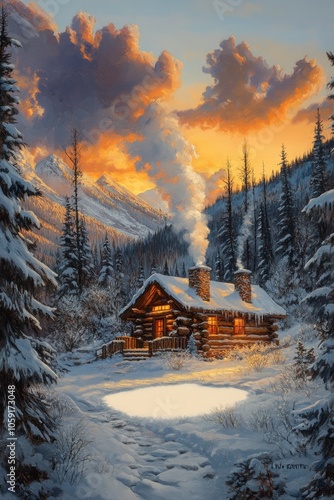 Cozy log cabin in a snowy forest landscape at dusk with warm lights glowing f...