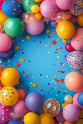 Colorful party decorations with confetti and balloons arranged on a festive b...