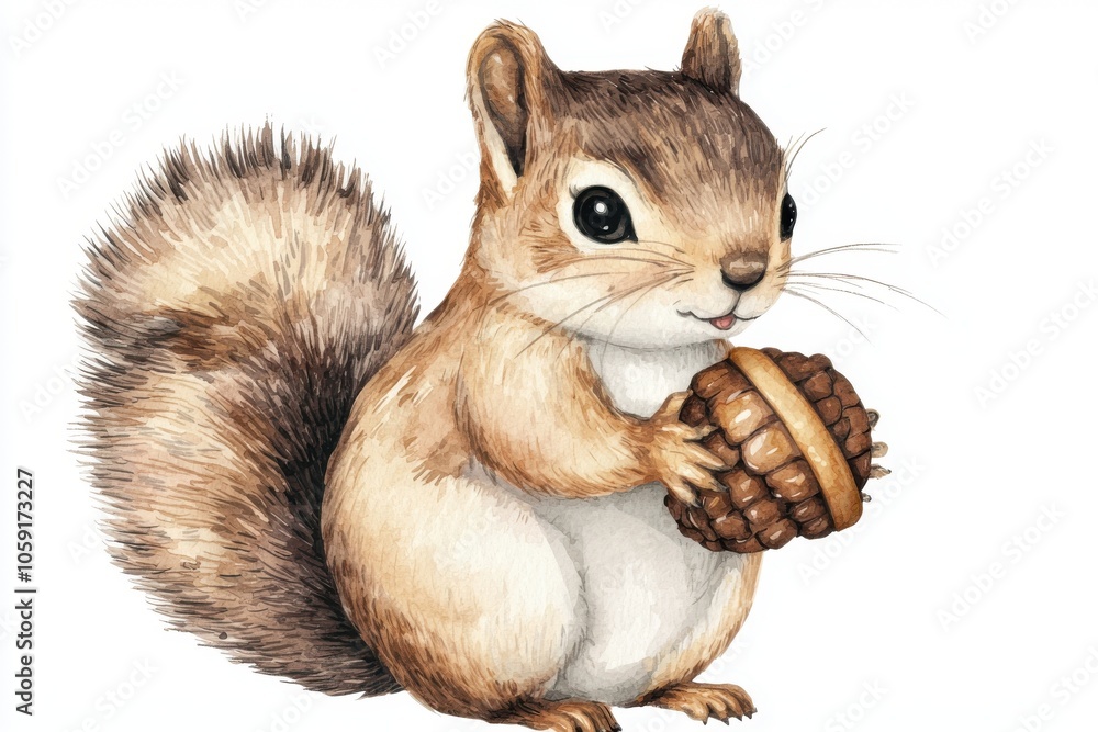 Fototapeta premium A cute cartoon squirrel holding an acorn, showcasing its fluffy tail and expressive eyes, perfect for nature-themed projects.