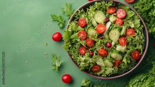 Fresh green salad with tomatoes, cucumbers, and onion arranged on a light bac...
