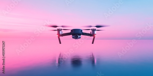 A minimalist, color-blocked image of a drone flying over a vast ocean. The drone is a small, dark silhouette against the bright blue sky and water.