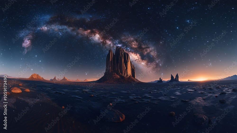 Fototapeta premium Night in the Xinjiang Desert: Majestic Mountains and Starry Galaxy