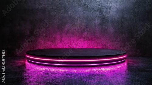 Modern circular platform illuminated with vibrant neon lights in a dark ambiance