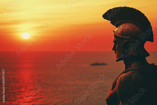 Epic View of a Greek Soldier in red armor by the Coastline at sunset photo