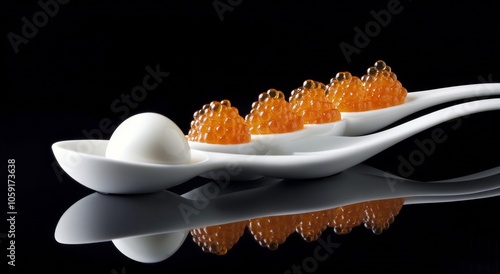 Elegant culinary arrangement of caviar on white spoons with a spherical element