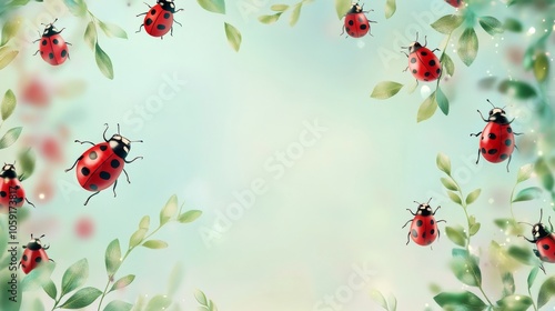 Whimsical Ladybug Design with Green Leaves