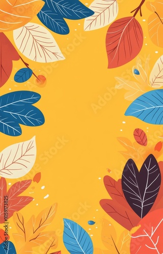 Colorful autumn leaves frame a blank space on a warm yellow background in vib...