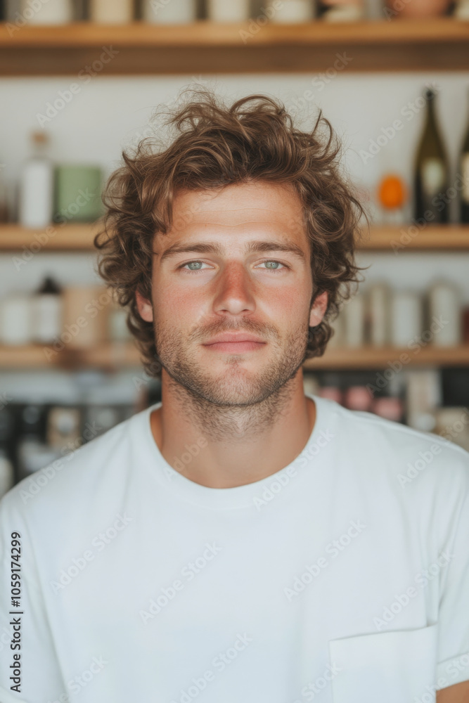 A young man with curly hair and confident expression poses in cozy setting filled with bottles and jars. His casual white shirt complements warm atmosphere A young man with curly hair and confident expression poses in cozy setting filled with bottles and jars. His casual white shirt complements warm atmosphere