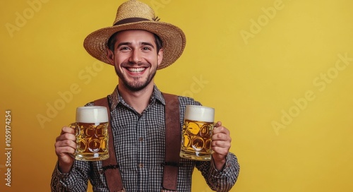 Cheerful man in traditional attire holds two beer mugs against a bright yello...