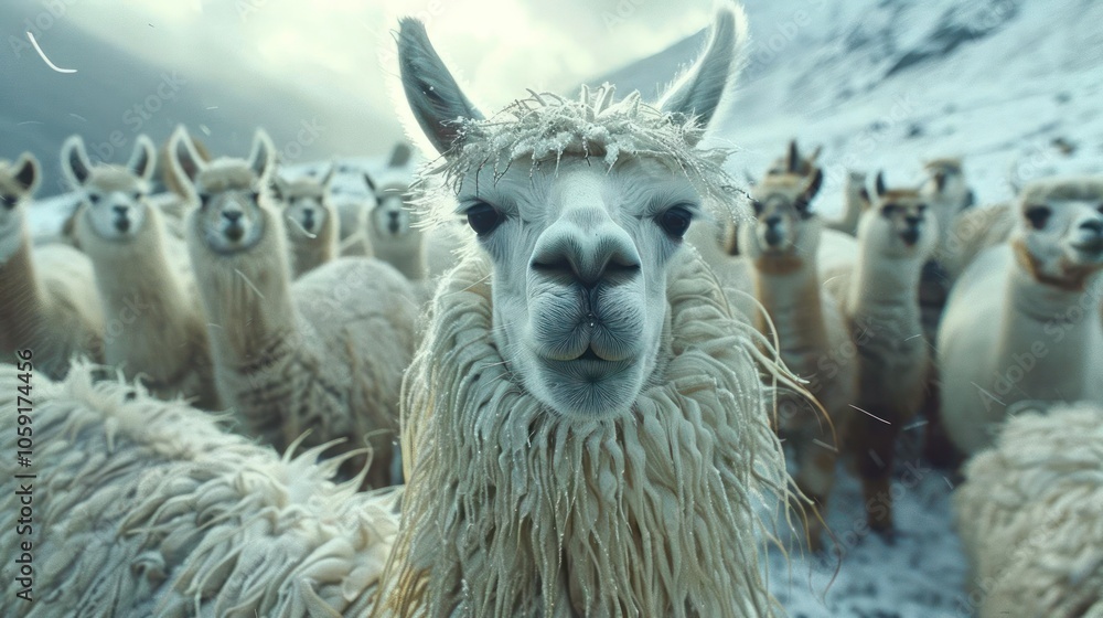 Obraz premium An alpaca with fluffy fur in the foreground, surrounded by other alpacas.