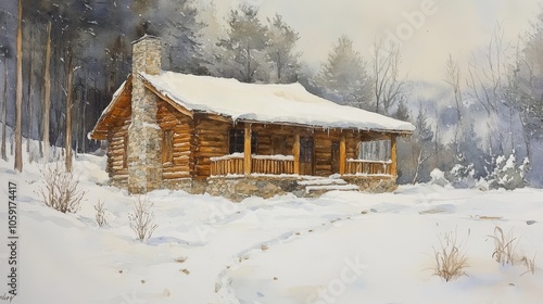 Cozy log cabin surrounded by snow-covered woods during a serene winter day