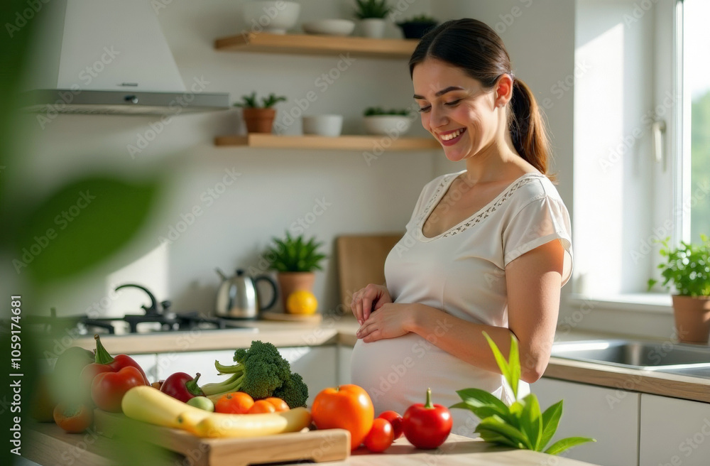 happy young pregnant woman prepares a salad of fresh vegetables in the bright morning kitchen. Healthy food for pregnant women. Prevention of Anemia and constipation. happy young pregnant woman prepares a salad of fresh vegetables in the bright morning kitchen. Healthy food for pregnant women. Prevention of Anemia and constipation.