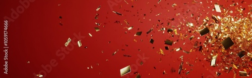 Golden confetti cascading against a vibrant red background during a festive c...