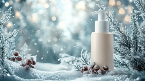 Winter landscape featuring a skincare tube amidst a snowy forest under a brig...