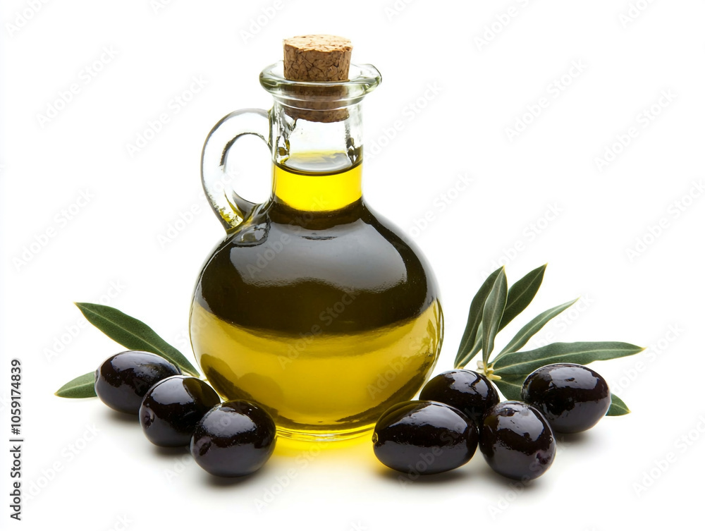 Olive oil in a glass bottle with olives isolated on a white background Olive oil in a glass bottle with olives isolated on a white background