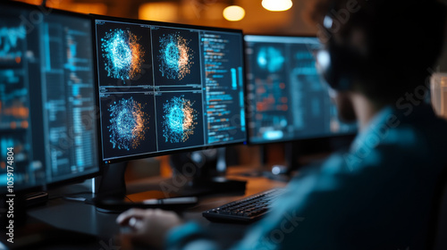 Wallpaper Mural A person working on multiple computer screens displaying data visualizations and analytics, immersed in tech environment. atmosphere is focused and dynamic, showcasing modern technology Torontodigital.ca