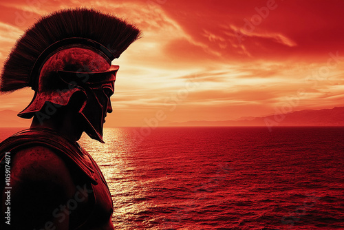 Epic View of a Greek Soldier in red armor by the Coastline at sunset photo