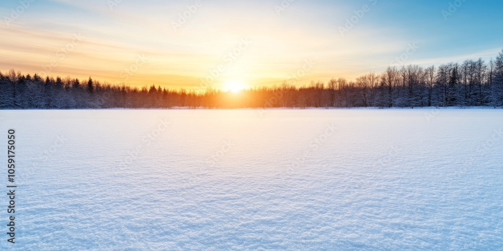 Fototapeta premium A serene winter sunrise over a snow-covered landscape with a calm horizon and frosty trees in the background