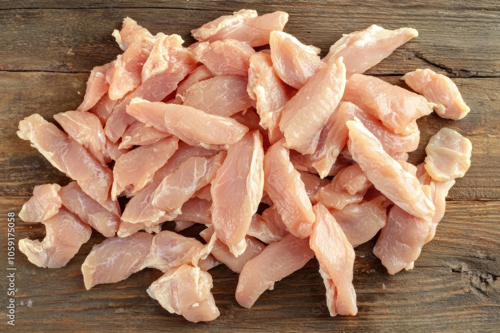 A pile of raw chicken breast pieces on a wooden surface, ready for cooking or preparation in various dishes. A pile of raw chicken breast pieces on a wooden surface, ready for cooking or preparation in various dishes.