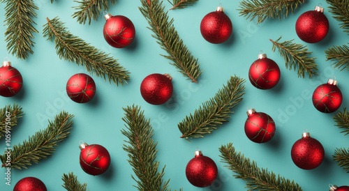 Festive red ornaments and pine branches arranged on a turquoise background fo...