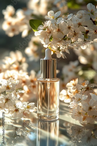 Elegant serum bottle on golden silk with water droplets highlighting skincare...