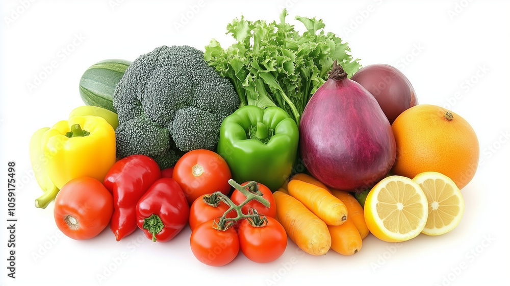 Fresh fruits and vegetables including tomatoes, peppers, broccoli, carrots, and citrus fruits Fresh fruits and vegetables including tomatoes, peppers, broccoli, carrots, and citrus fruits