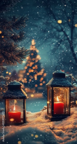 Warm lanterns illuminate a snowy evening with a festive Christmas tree in the...