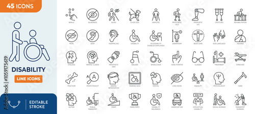 Disability line editable icon set. Vector illustration in modern thin line style of handicap related icons: features of physical and mental development, assistive devices, inclusivity, and more