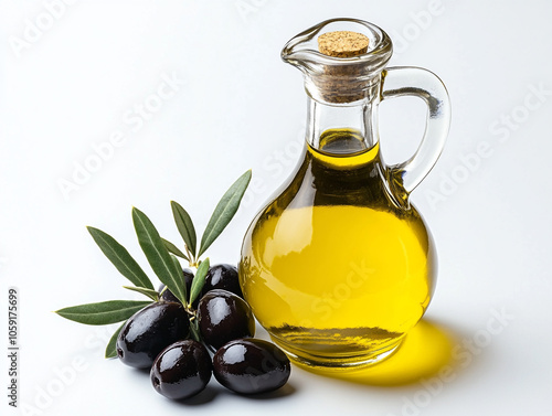 Olive oil in a glass bottle with olives isolated on a white background