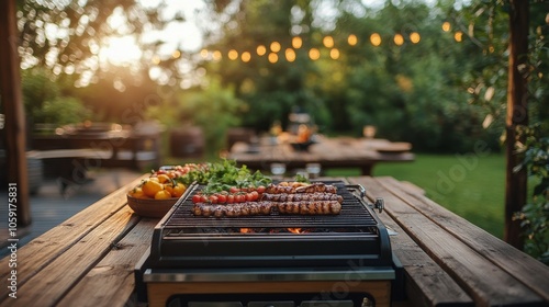 Evening barbecue in a lush garden with grilled meats and vegetables on the table