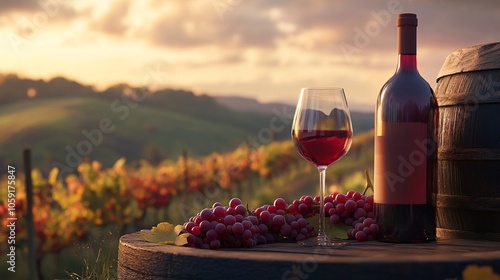 A bottle of red wine and a glass sit on a barrel with fresh grapes, surrounded by vineyard hills and a beautiful sunset.