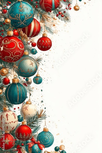 Festive border of colorful Christmas ornaments and stars on a white background